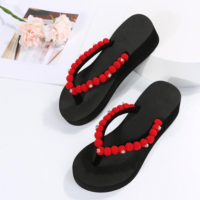 Fashion Casual Yarn Ball Decoration Flip Flops Women 2025 Summer Round Toe Black Wedge Heels Slippers Comfortable Non Slip Beach Sandals