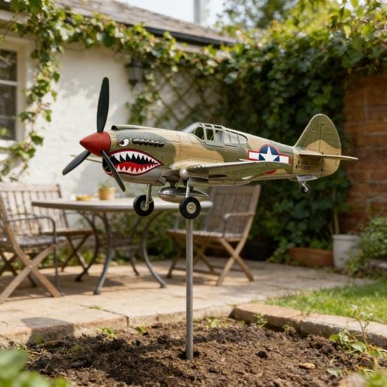 Shark Mouth Warplane Wind Spinner Metal Weather Vane Kinetic Shark Fighter Windmill Sculpture Outdoor Garden Yard Patio Lawn Decoration