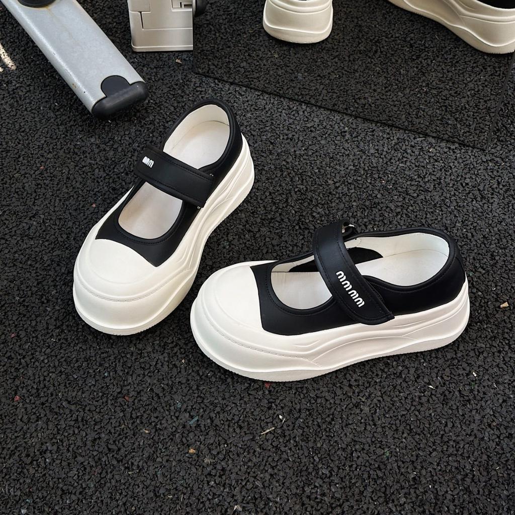 European soft leather big head muffin platform white shoes women's versatile Velcro small man height increase casual Mary Jane shoes