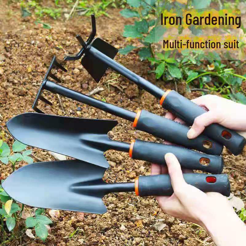 Dual-Purpose Gardening Tool Set: Black Handle Spray Hoe, Five-Tooth Rake, and Shovel