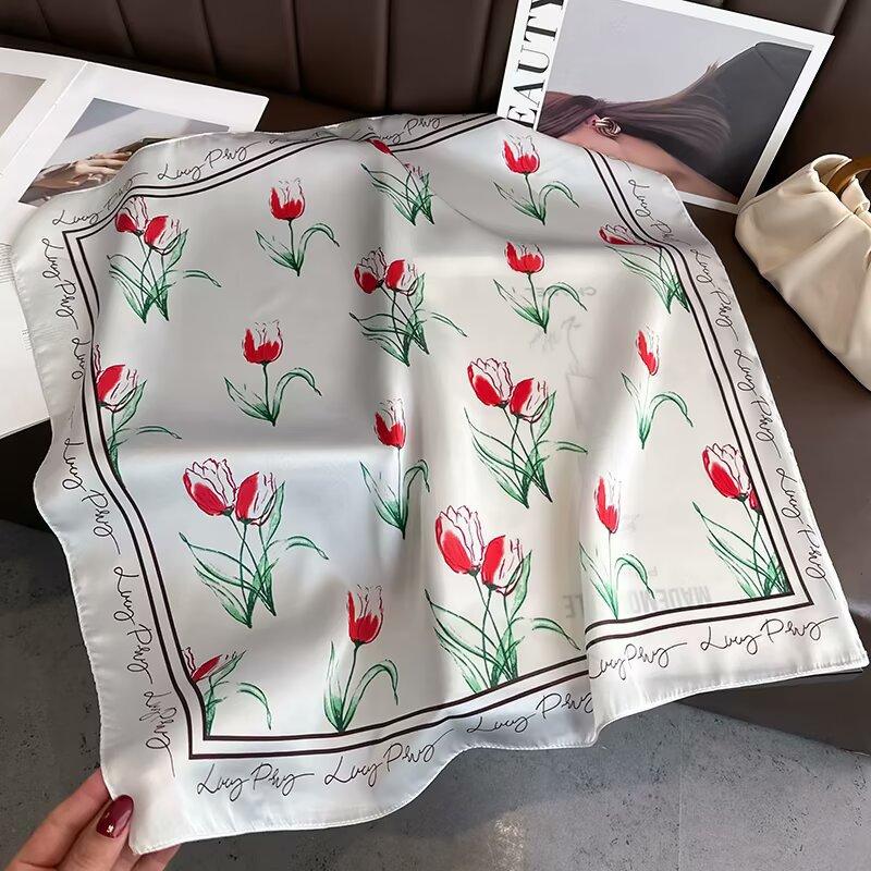 Literary Fresh Square Scarf Headscarf Tulip Silk Scarf Neckerchief Romantic Gentle Hair Tie Decorative Neckerchiefs
