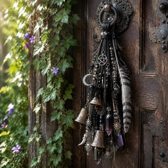 Vintage Copper Bell Wind Chimes Witch Door Decoration, Boho Sun Catchers, Retro Chime, Pentagram Star Moon Witchy Gift for Birthday Hanging
