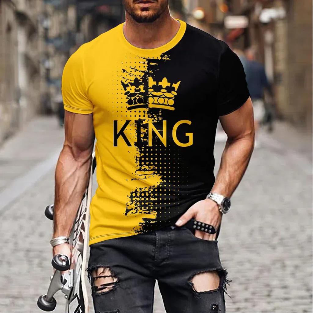 Men's Casual Short Sleeved T-shirt with Round Neck KING Pattern Printed Top T-shirt for Men's Street Wear
