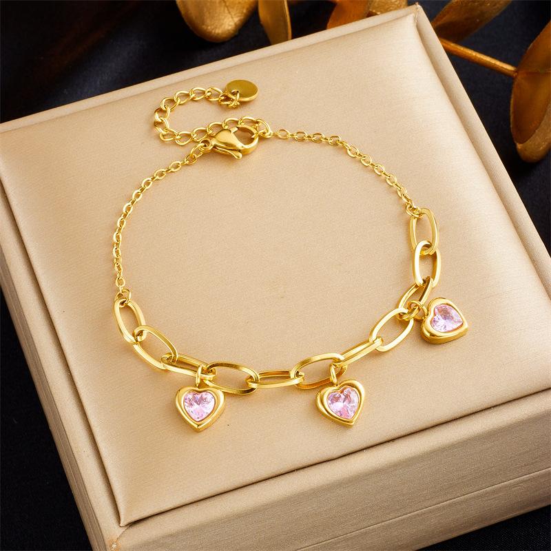 Retro Minimalist Heart Pendant Bracelet with Colorful Fashion Gemstone and Titanium Steel Chain Versatile Accessory