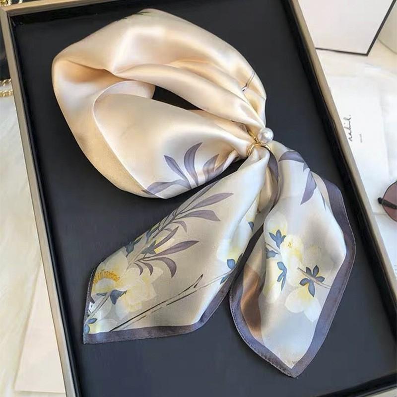 Beige Silk Square Scarf Women 100% Pure Mulberry Lightweight Floral Print Stylish Neck Shirt Blouse Accessory