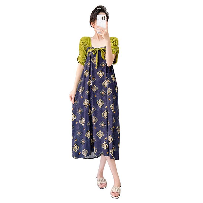 Women's nightgown cotton silk thin short-sleeved printing light luxury simple breathable casual loungewear long skirt can be worn outside