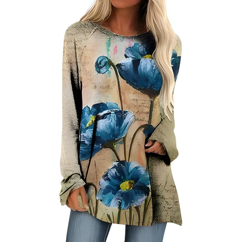 Футболка с длинным рукавом и градиентным цветочным принтом 3D, женская модная футболка с цветочным принтом, длинная туника с круглым вырезом, женская футболка, женская одежда