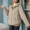 Women Winter Coat Fake Two-piece Zipper Button Closure Padded Hooded Turn-down Collar