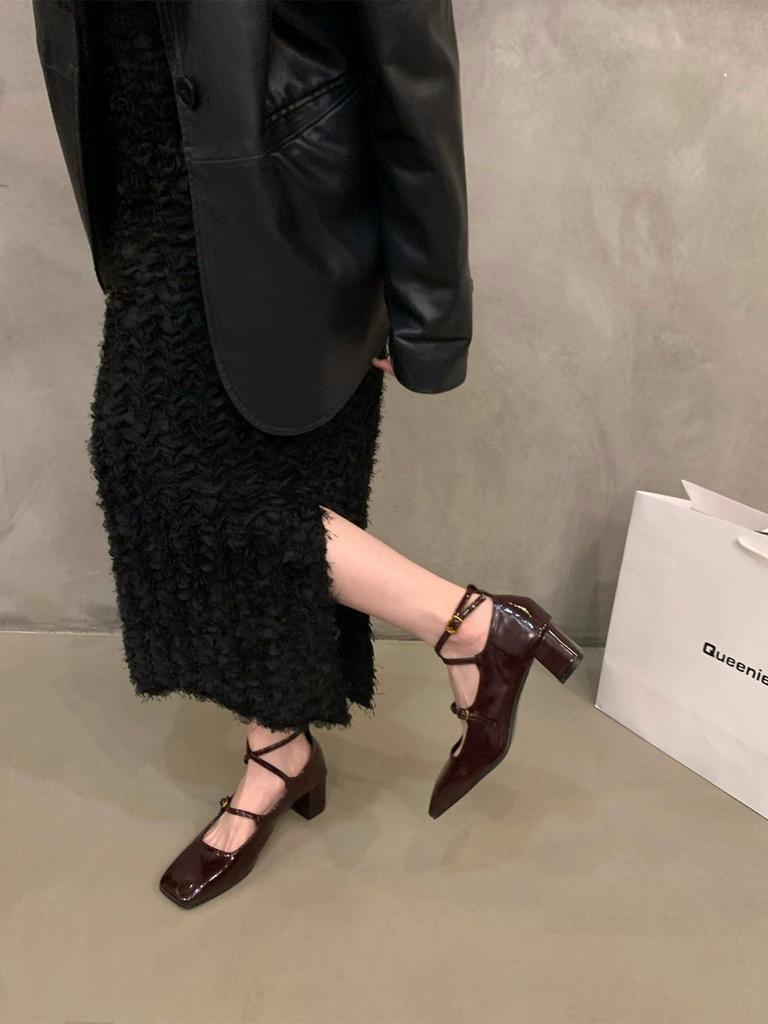 Туфли Мэри Джейн на грубом каблуке, черные, квадратные, женские туфли 2025 года, новые, весна-осень-зима, темпераментные, высокие каблуки, вечерние туфли