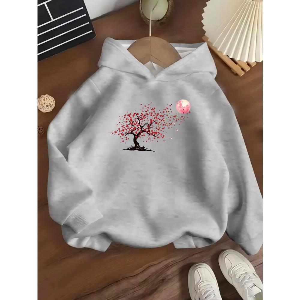 Children's Hooded Sweater Cherry Blossom Tree Moon Print Casual, Comfortable and Soft Spring and Autumn Models