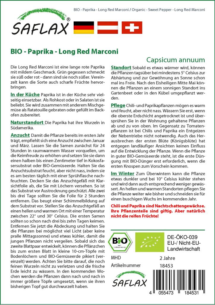 SAFLAX Garden in the Bag - Органический - Перец сладкий - Маркони длинный красный - 20 семян - С субстратом в подходящем пакете-стойке - Capsicum annuum