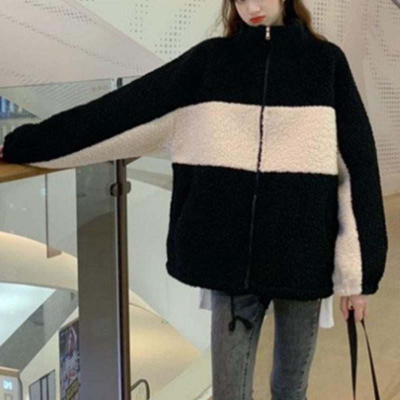 Куртка из искусственной овечьей шерсти, женская, осень-зима, модная, универсальная, свободная, короткая, с воротником-стойкой, повседневная, свободного кроя, топ