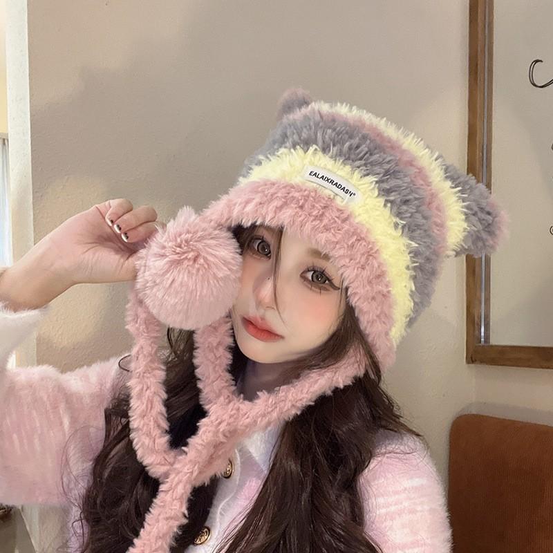 Hat Female Autumn and Winter Warm Knitted Wool Snow Hat Cycling Mother Fashion Ear Protection Headgear Scarf Integrated Hat
