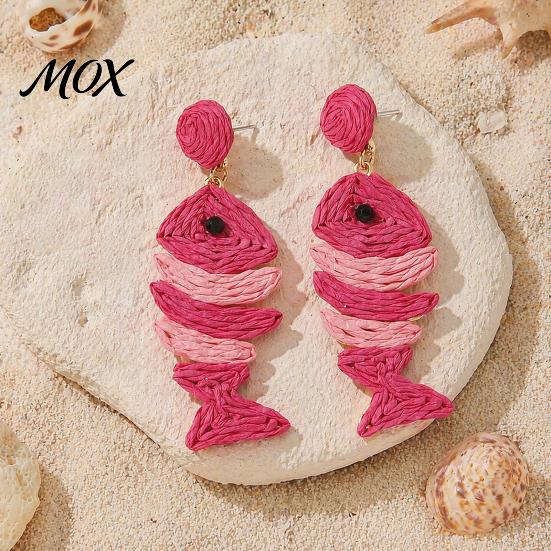 Breathable Earrings 1 Pair Boho Raffia for Women, Handmade Rattan Fish Shape Natural Jewelry Earrings, Bohemian Straw Drop Dangle Summer Tropical