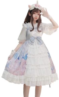 Платье-сарафан Lady Lazy Lolita с узором в виде замка, длиной до колена. (синий)