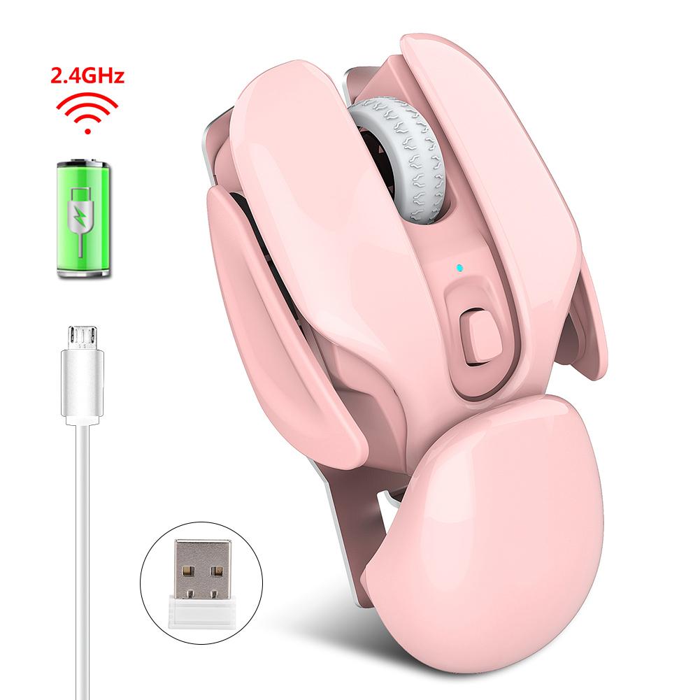 HXSJ Беспроводная мышь 2.4 ГГц 4 кнопки Перезаряжаемая Фотоэлектрическая 1600 DPI Бесшумная мышьРозовая