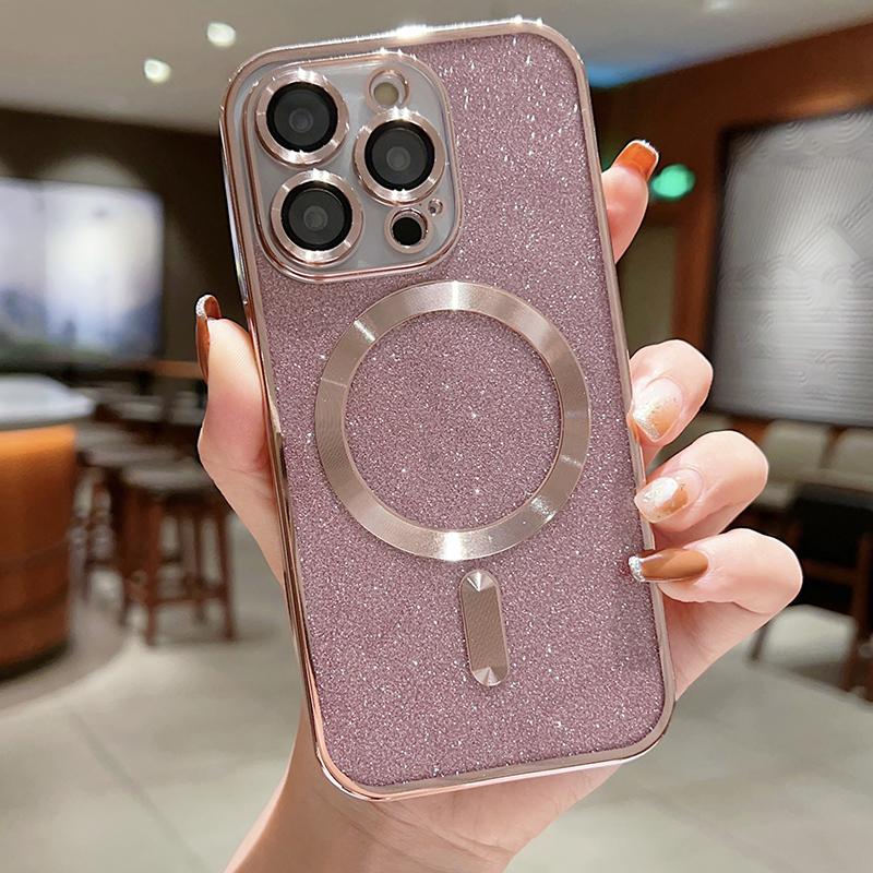With Lens Protector Electroplate Phone Case for IPhone 15 14 11 12 13 Pro Max for Magsafe Wireless Charge Bumper Glitter Cover