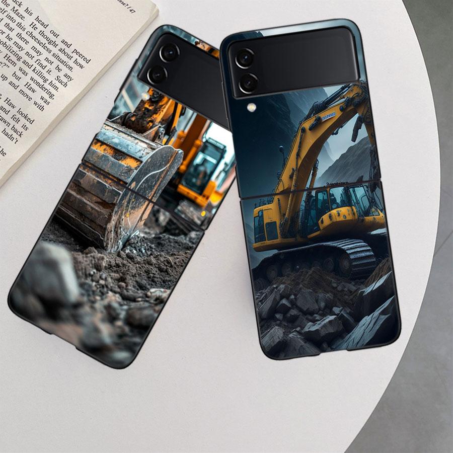 Construction Machinery Excavator Phone Case For Samsung Z Flip 7 6 5G Galaxy Z Flip 5 4 3 Black Hard Cell Cover Luxury PC Shell