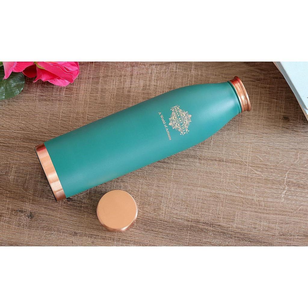 Pure Copper Lacquer Coated Green Silk Finish Water Bottle, Drinkware & Storage Purpose, Ayurvedic Health Benefits, Volume-900 ML - Pack of 1