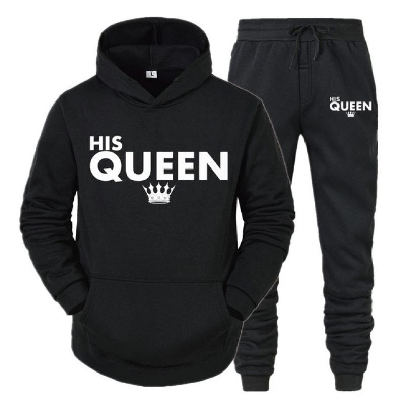Lover Outfit Her QUEEN or His KING Printed Tracksuits Couple Hoodies Suits Hooded Sweatshirt and Sweatpants Two Piece Set S-4XL
