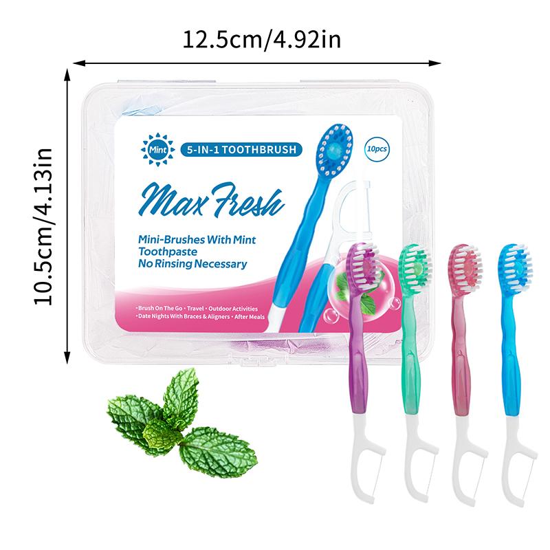10 шт./коробка Портативная зубная щетка 5-в-1 Зубная нить Зубочистка Для чистки полости рта Одноразовая зубная щетка Для взрослых в деловых поездках