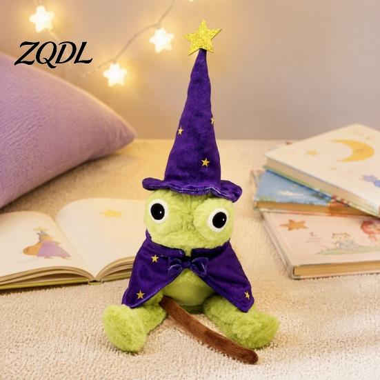 Cute Frog Plush Toy Wizard Doll, with Star Unique Desk Decor Hat Cloak Wand, Soft Stuffed Animal for Couch Bed Skin Friendly