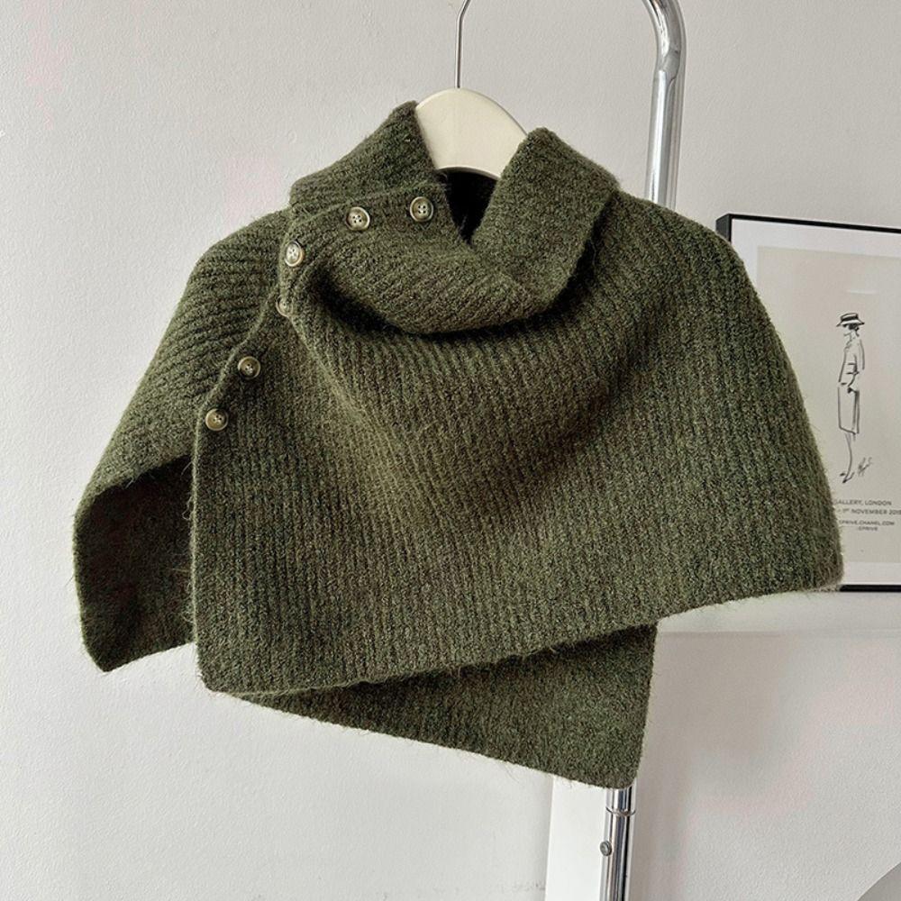 Button Knitted Shawl Warm Women Winter Shawl Simple High Neck Scarf  Autumn