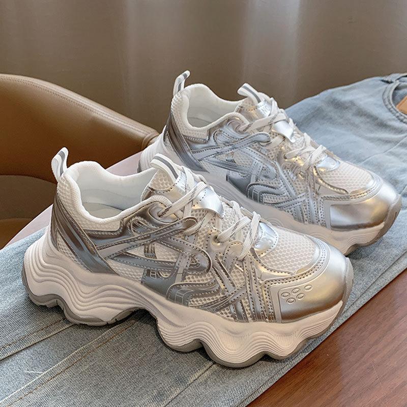 Summer Mesh Breathable Thin Dad Shoes Women's Shoes New Thick-soled Heightening Leather Casual Sports Shoes Women