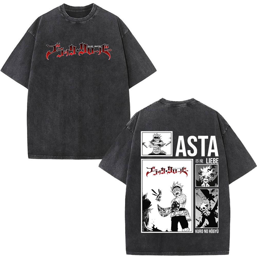 Washed Anime Black Clover Logo Graphic Print T-shirt Harajuku Summer Fashion Casual Cotton Oversized T-shirts Tops Streetwear