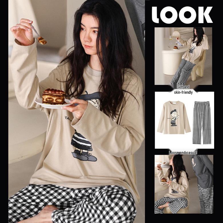 Женский пижамный комплект с длинным рукавом - Милый мультяшный принт, Большой размер, для весны и осени, для дома/улицы