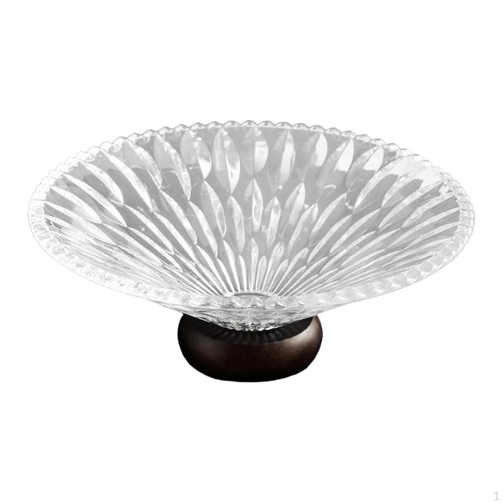 Clear Glass Fruit Bowl Decorative Pedestal Tray Nuts Cake Vegetable Holder with Wooden Stand for