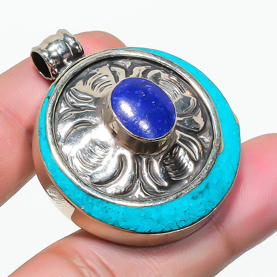 Handmade Tibetan Nepali Pendant 1.7" Natural Lapis lazuli Turquoise Boho NP 2424