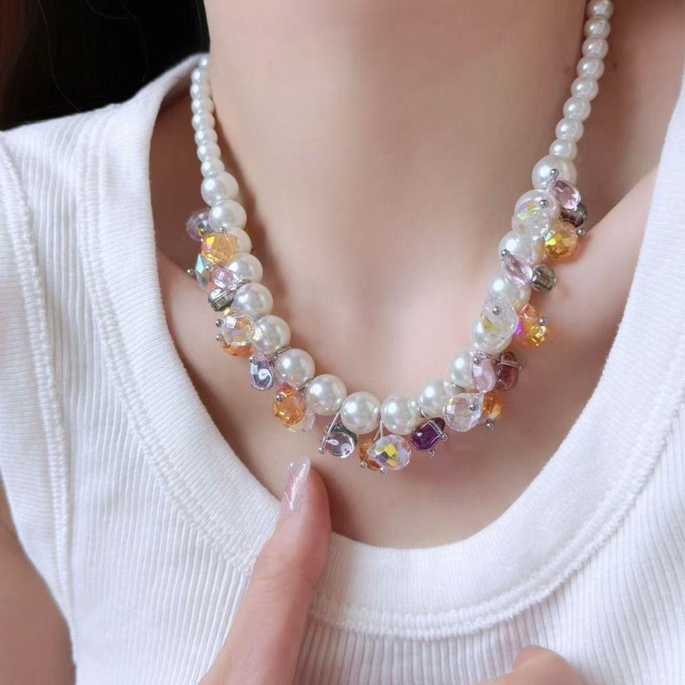 Shining Pearl Beaded Necklace Dopamine Style Pearl Choker Jewelry Colored Zircon Necklace Women