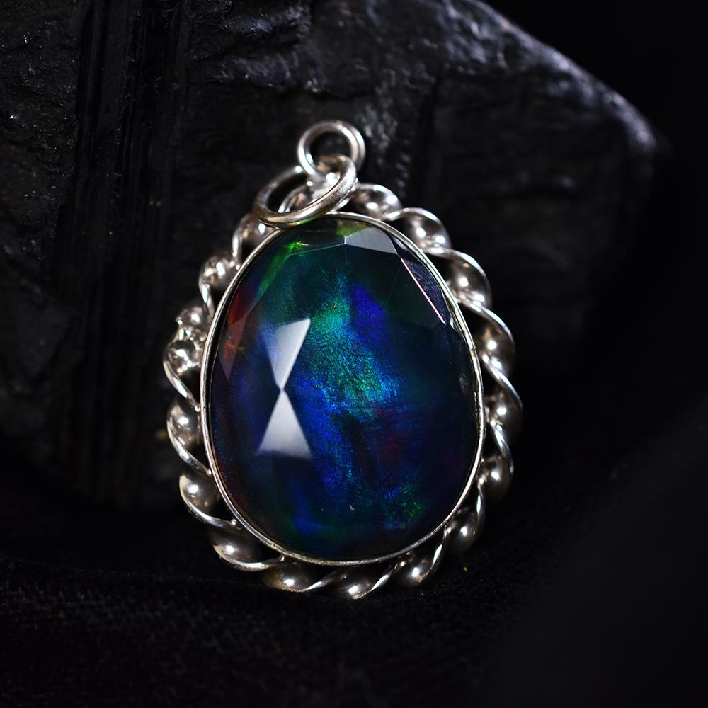Opal Pendant 925 Sterling Silver 32.70 ct Aurora Fire Checker Oval October Birthday Birthstone