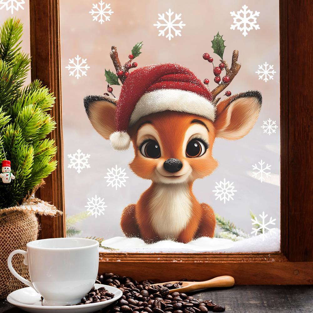 Мультяшный Милый Олень и Снежинка Украшение и Декор Стеклянного Окна Статические Наклейки