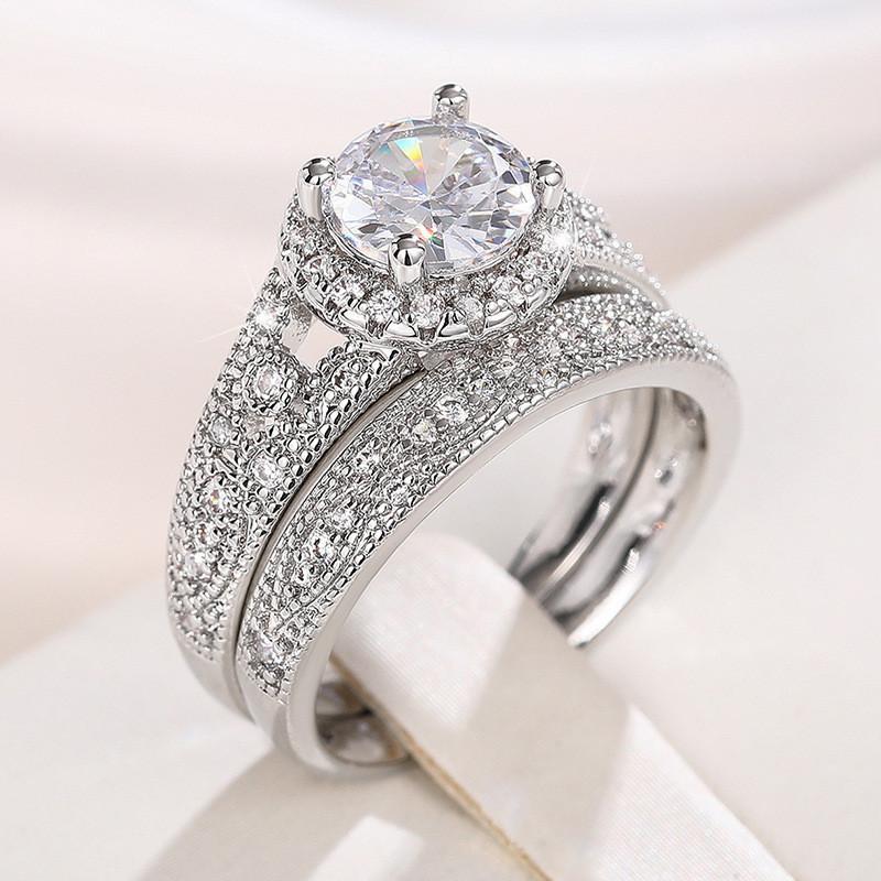 925 Серебряный обручальный комплект колец для женщин с блестящим кубическим цирконием 2 шт. элегантные женские аксессуары для вечеринок роскошные модные ювелирные изделия