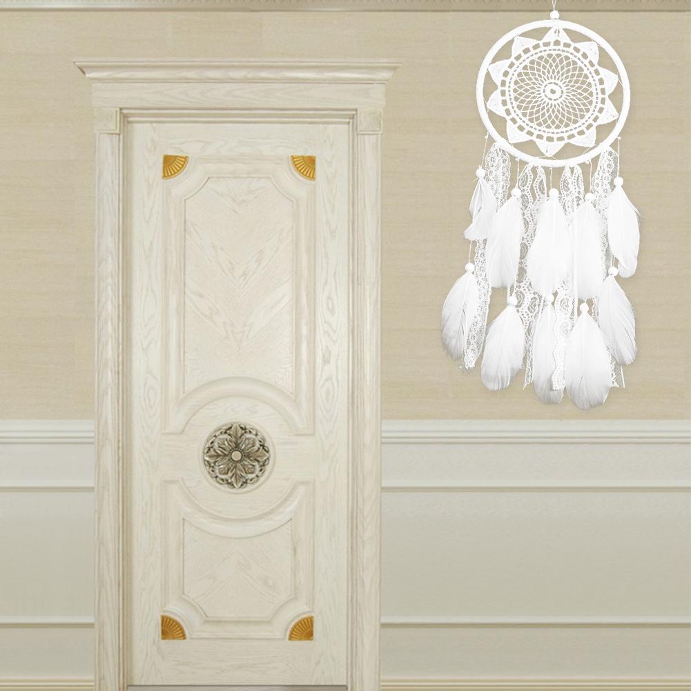 White Dream Catcher Wooden Beads Lace Pendant Feather Ornaments Lace Ribbons Wind Chime For Car Christmas Bedroom Hanging Decor