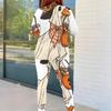 Women Plus Size Round Neck Long Sleeve Printed Black Cat Pumpkin Fitted Two Piece Pants Set