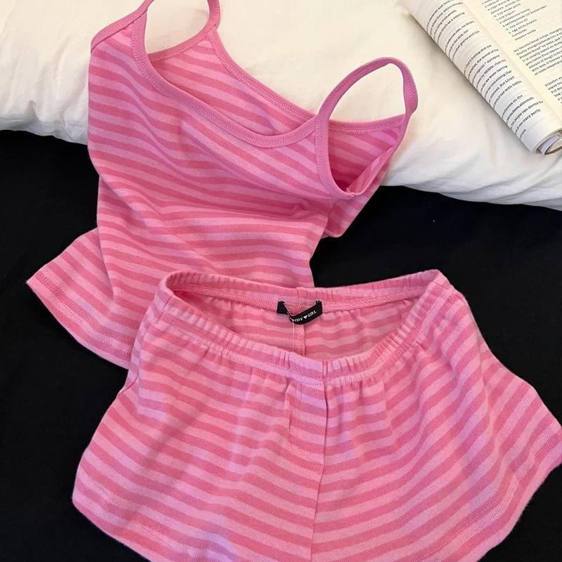 New Summer Women's Summer Outfit Dopamine Pink Striped Camisole Pajamas Sweet Shorts Homewear Set Comfortable