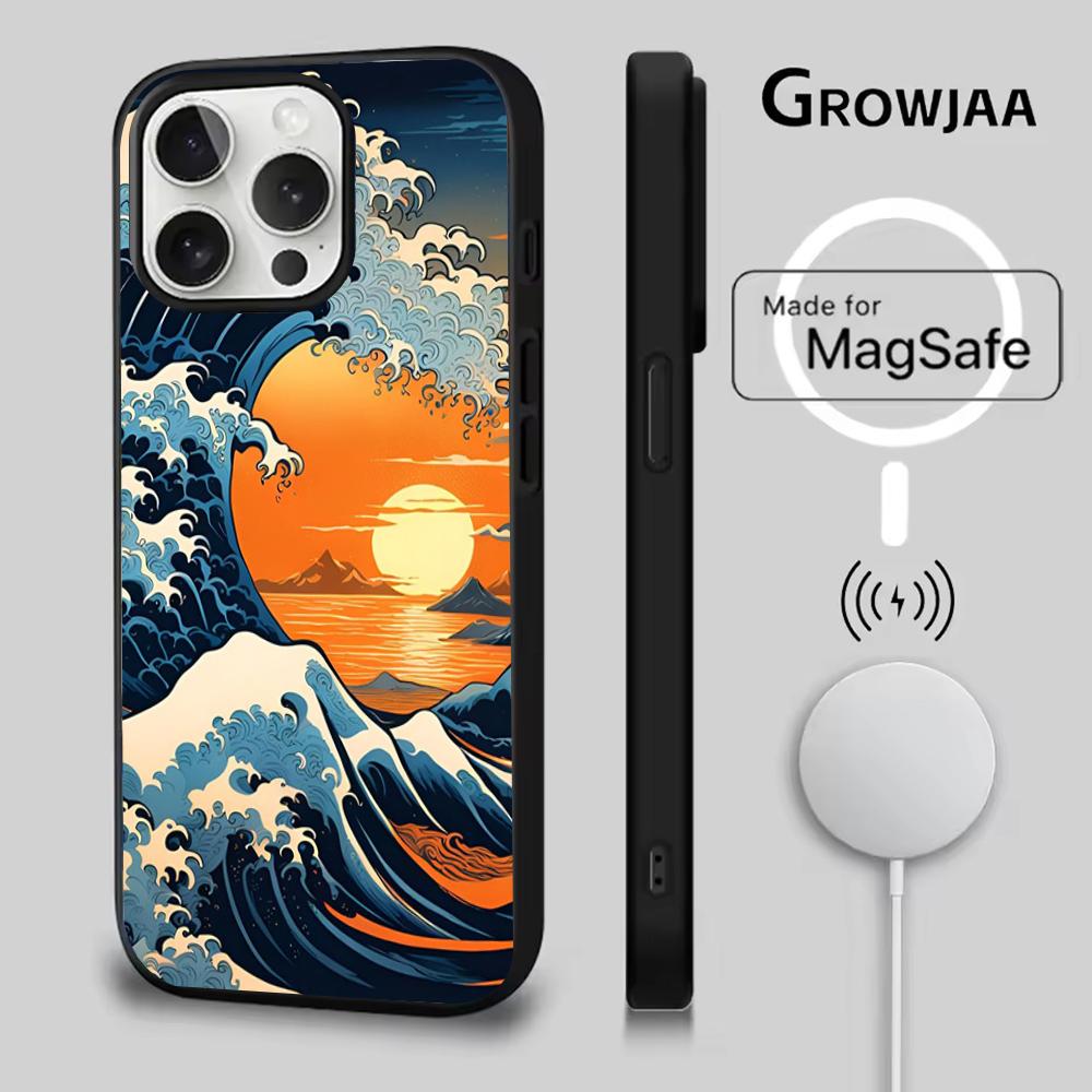 Чехол для телефона «Большая волна в Канагаве» для iPhone 16e, 16, 15, 14, 13, 12, 11, Plus, Pro, Max, Mini с магнитной беспроводной зарядкой MagSafe