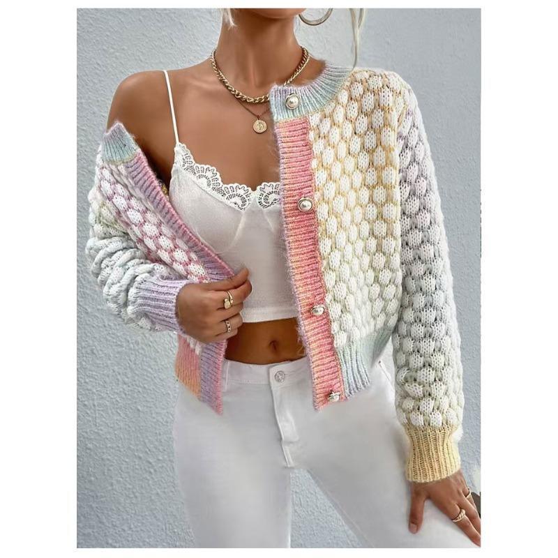 Women S Short Rainbow Jacquard Knit Cardigan Single Button Closure
