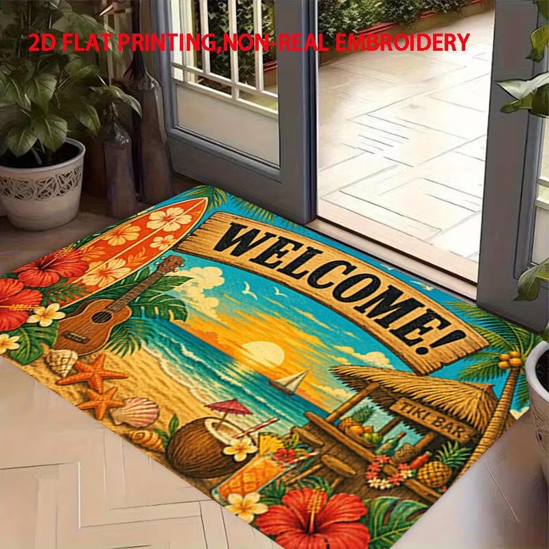 1pc, 2D Flat Printing, Welcome to Tiki Beach Vacation Style Door Mat, Colorful And Non-Slip, Machine Washable Carpet, Suitable for Home Decor, Entranc