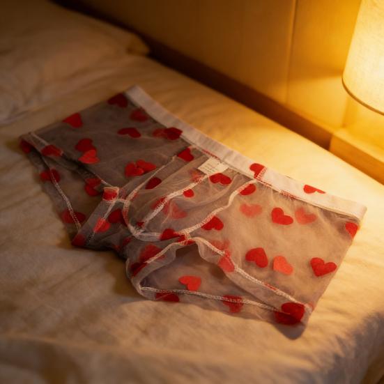 Мужское нижнее белье боксеры Эластичные со средней посадкой Перспективный дизайн с полым сетчатым узором Трусы-боксеры с узором в виде сердечек Подарок на годовщину