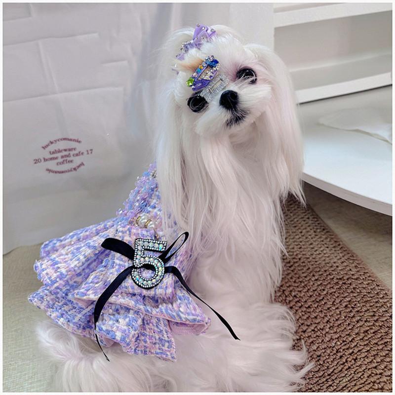 ``` Kawaii Purple Tweed Dog Dress Thick Lined Warm Pet Princess Skirt Sparkling Rhinestone Bow Ornament Luxury Formal Chihuahua