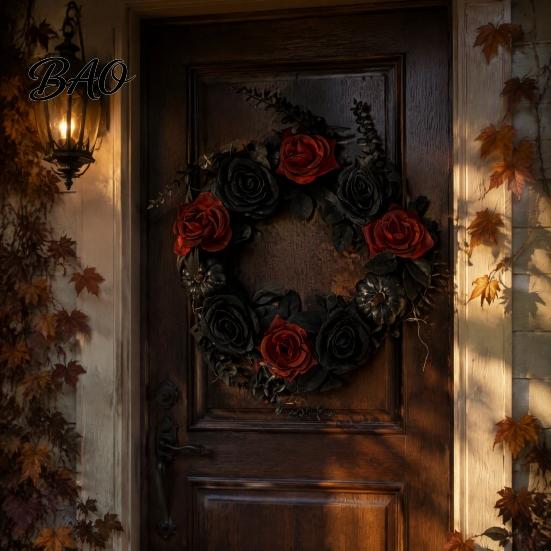 Halloween Garland Decoration Wreath for Front Door, Artificial Fall Maple Leaf Rose Pumpkin Seasonal Porch Hanging Piece Wreath, Autumn Harvest