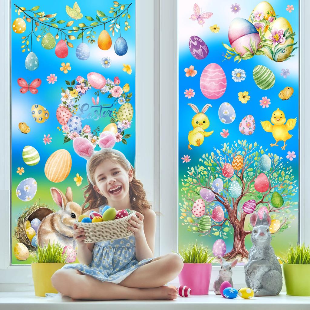 9pcs New Easter Window Stickers Double Sided Printed Pvc Electrostatic Home Decor Glass Decals Reusble Easter Party Decorations