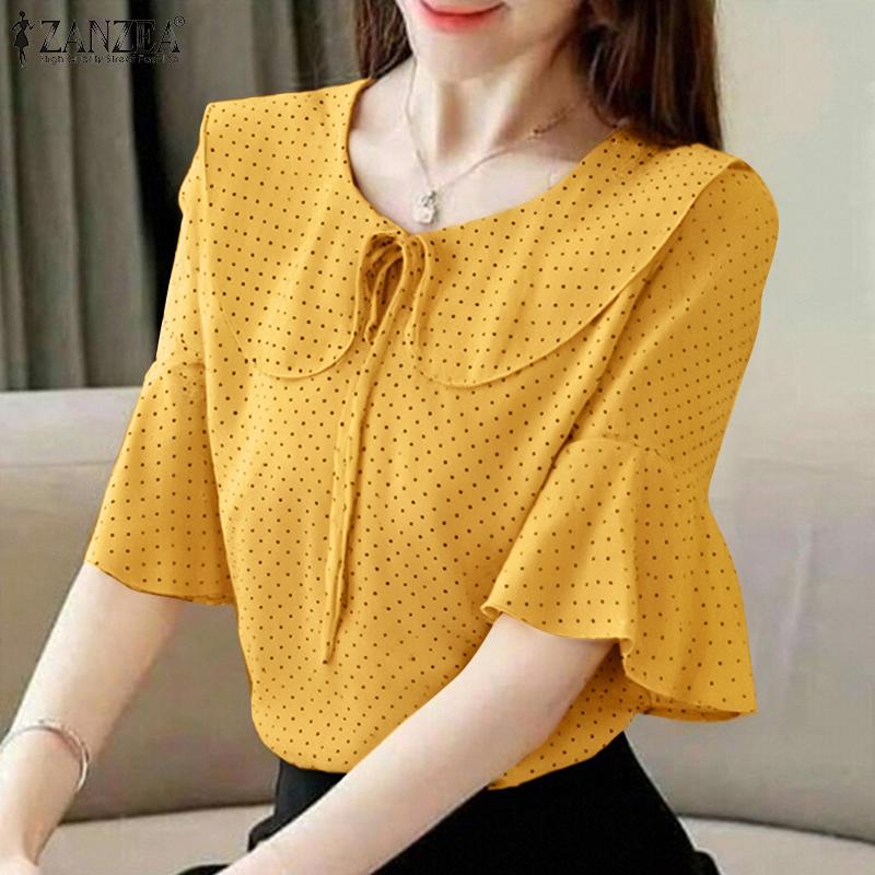 ZANZEA Женская летняя повседневная блузка с воротником-куколкой и коротким рукавом в горошек