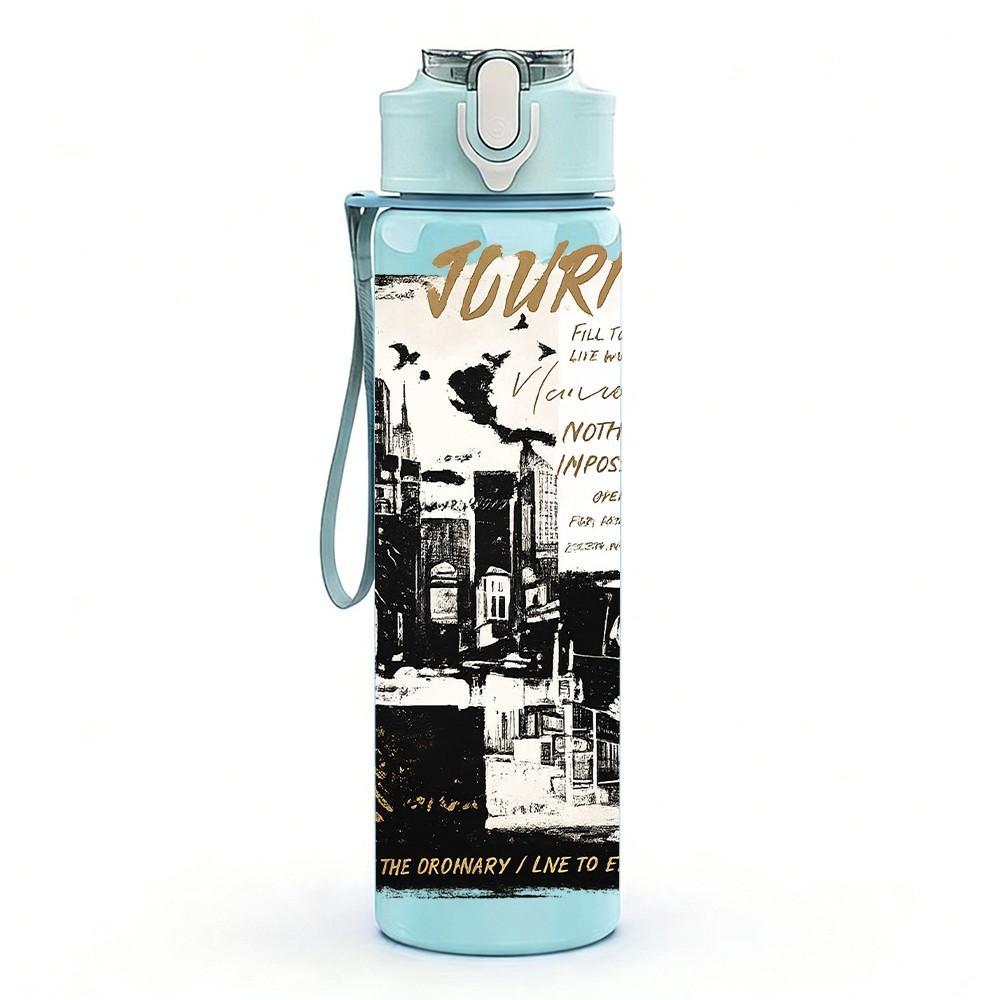 1PC Vintage Newspaper Text Collage Print 750ml Color Plastic Sports Water Bottle Leakproof Flip Straw Lid Suitable for Sports Office Home Use