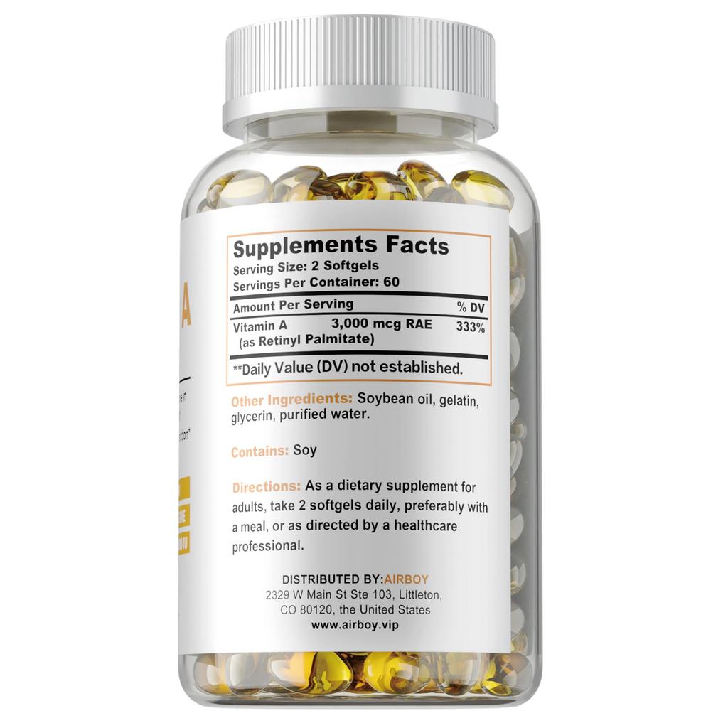 Vitamin A softgels support immune system function, skin health, and vision and eye health. 120 capsules per pack.