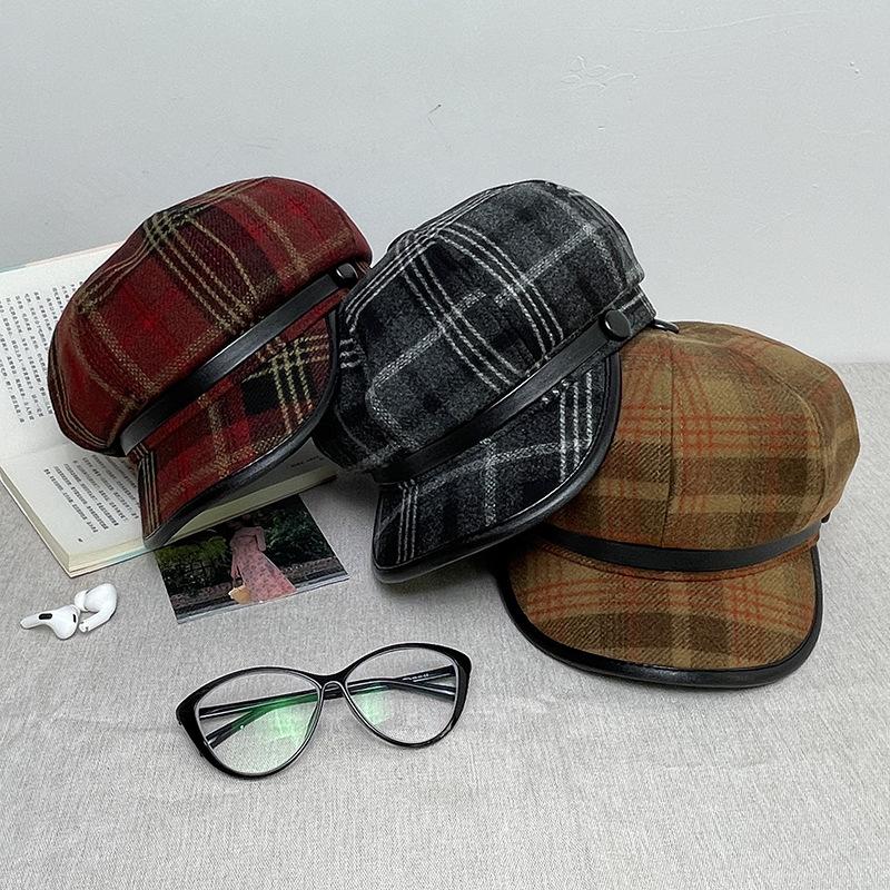 Британская восьмиугольная шляпа женская клетчатая ретро-кепка с изображением лица маленькая утолщенная кепка газетчика